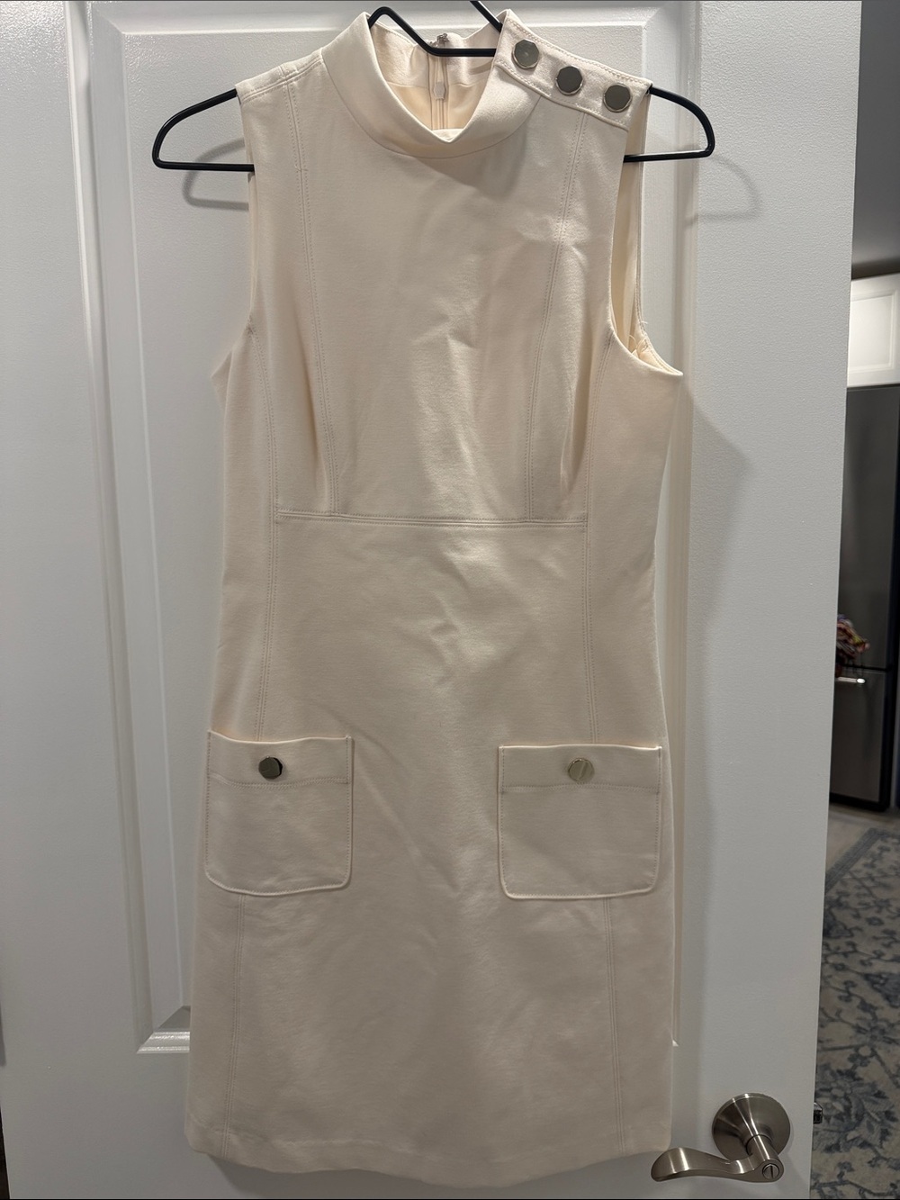 White House Black Market Cream Sleeveless Shift Dress with Button Shoulder